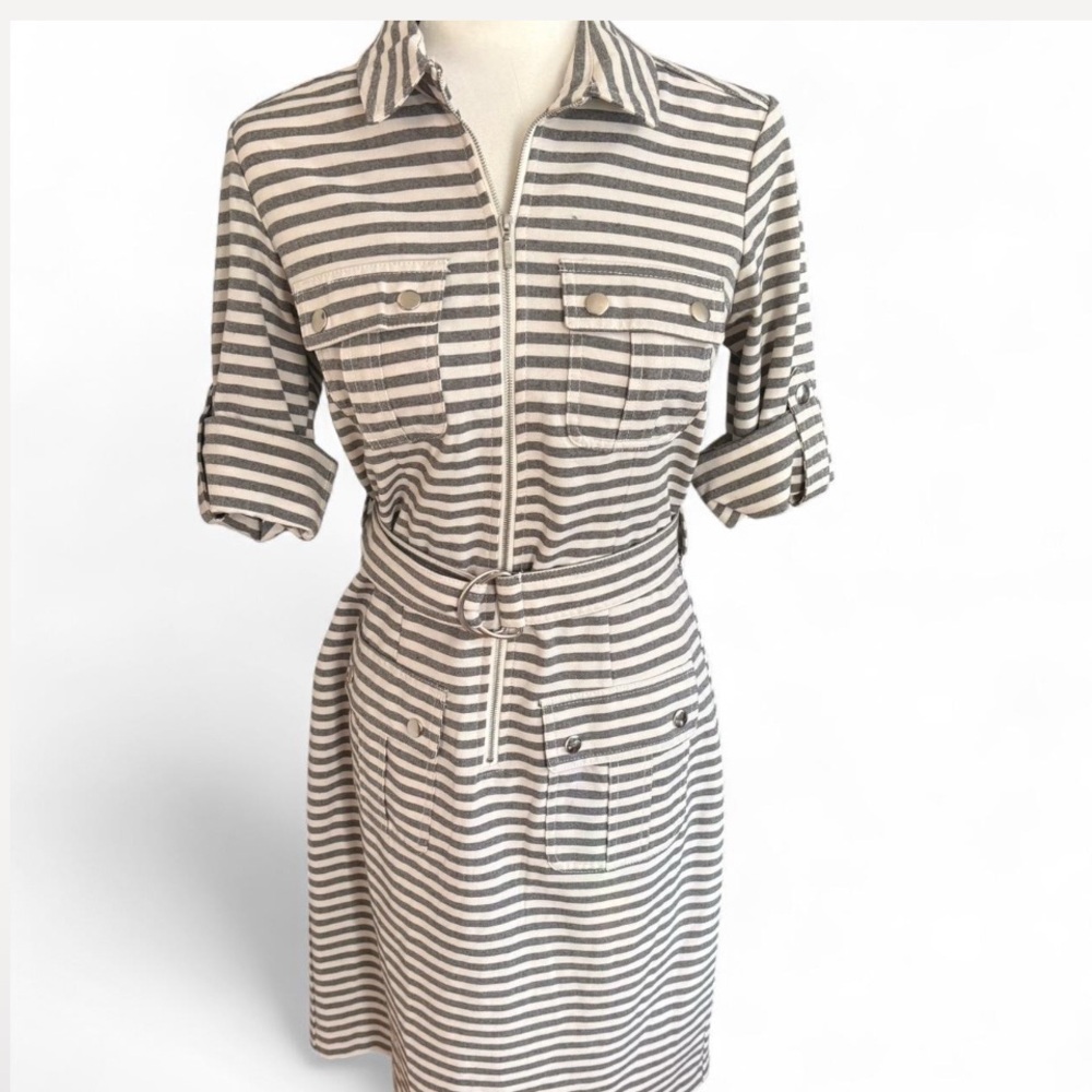 Christin Michaels Grey, and White Striped Belted Shirt Dress